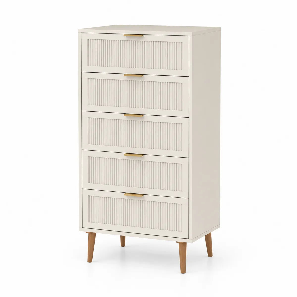 Kremowa komoda MDF z 5 szufladami i drewnianymi nogami