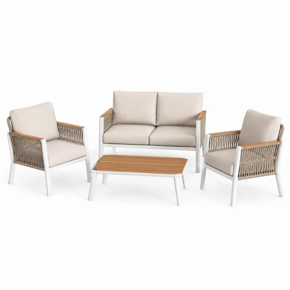 Zestaw mebli ogrodowych z aluminium i drewna teak, beżowy/biały