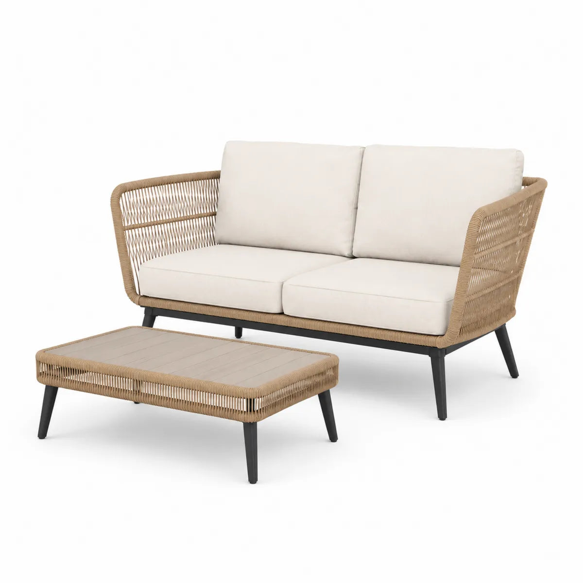 Sofa dwuosobowa rattanowa z poduszkami i stół kawowy aluminiowy beżowy