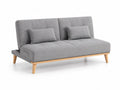 Szara sofa rozkładana z tkaniny lnianej z drewnianymi nogami