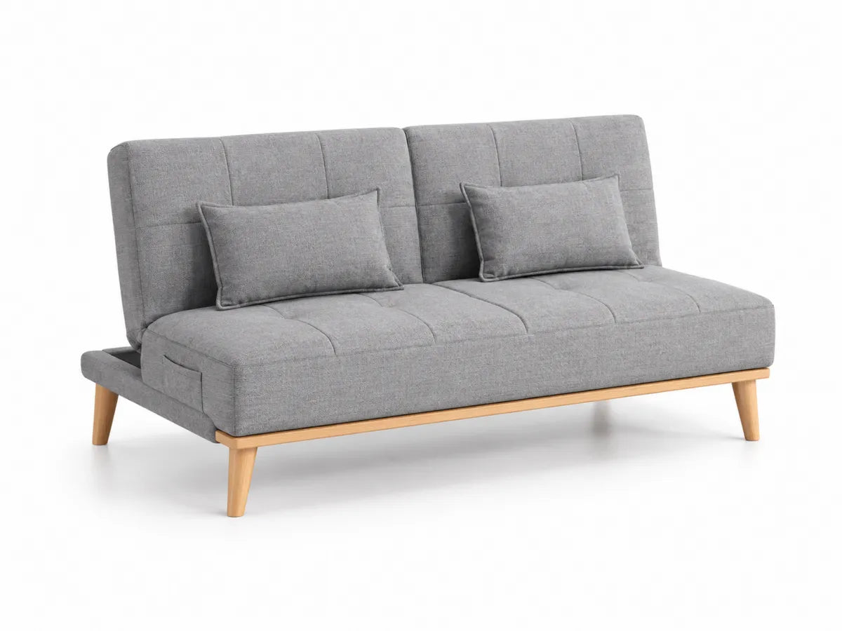 Szara sofa rozkładana z tkaniny lnianej z drewnianymi nogami