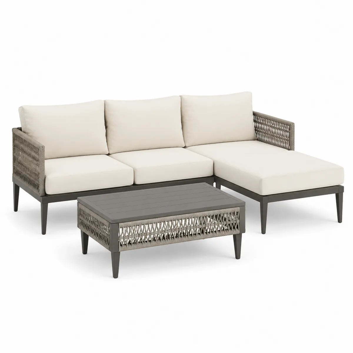 Narożna sofa z leżakiem i stolikiem kawowym, aluminium i poliester, szary i kremowy