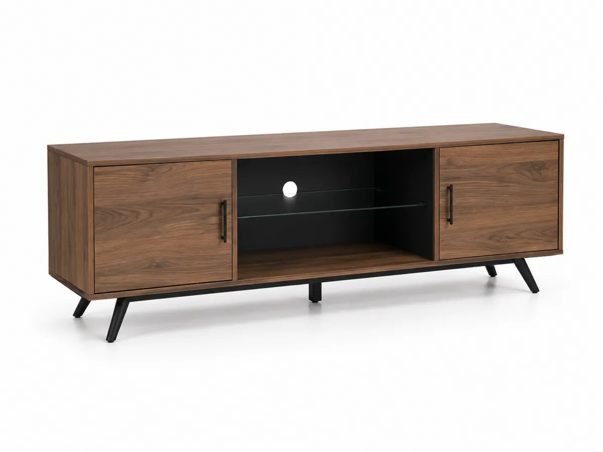 Szafka RTV z drewna orzechowego z półką szklaną, 180x40x50 cm