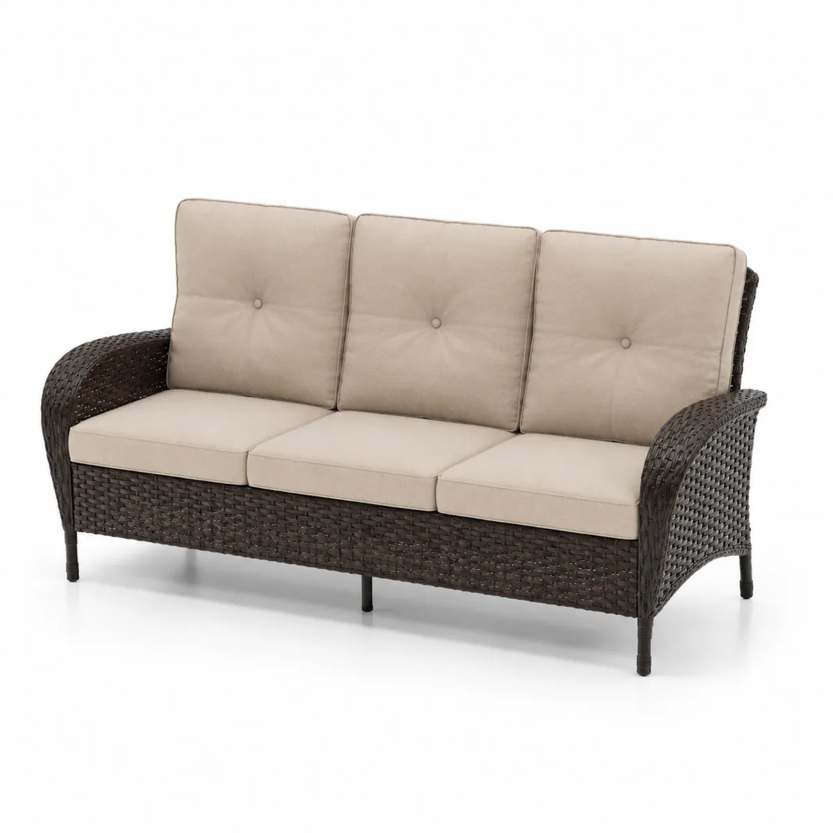 Sofa ogrodowa trzyosobowa z technorattanu brązowa z beżowymi poduszkami