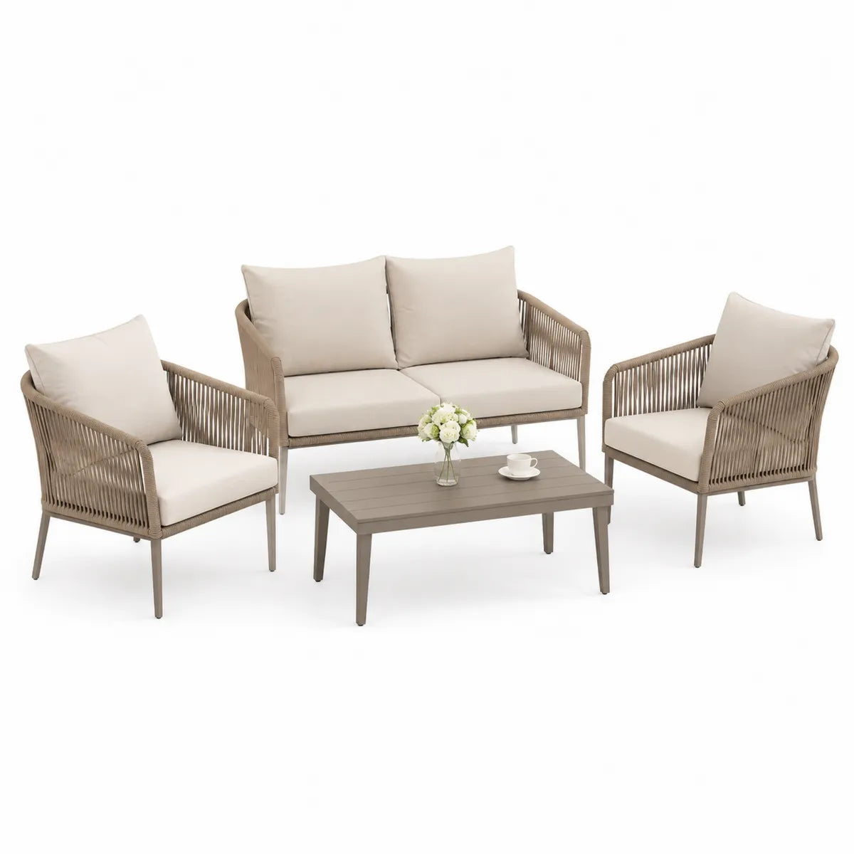 Zestaw mebli ogrodowych z aluminium: sofa, fotele i stolik, kolor beżowy