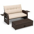 Zestaw mebli ogrodowych z technorattanu brązowy z beżowymi poduszkami - sofa i stolik